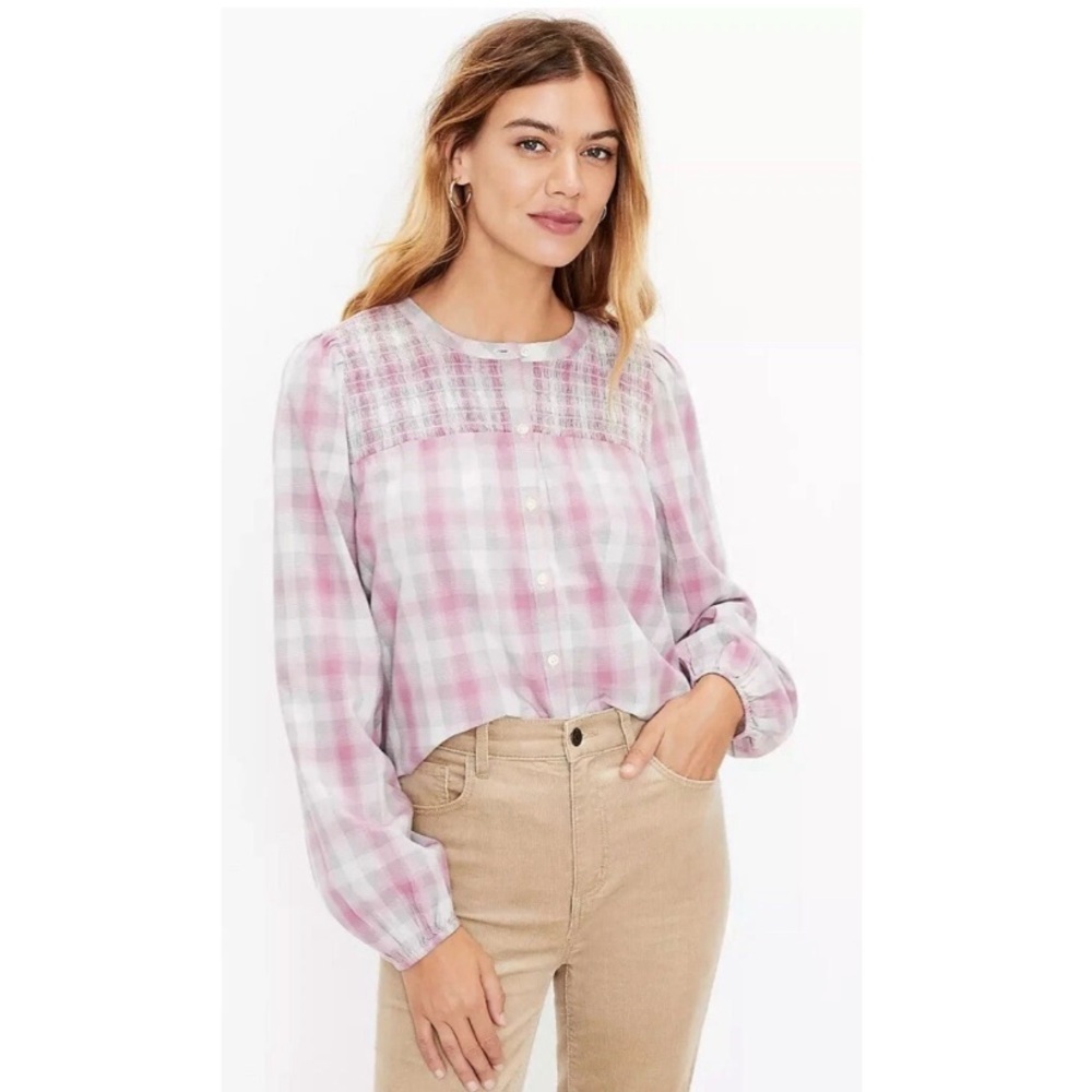 NWT Ann Taylor LOFT Tartan Plaid Smocked Button-Up Shirt Grey Large